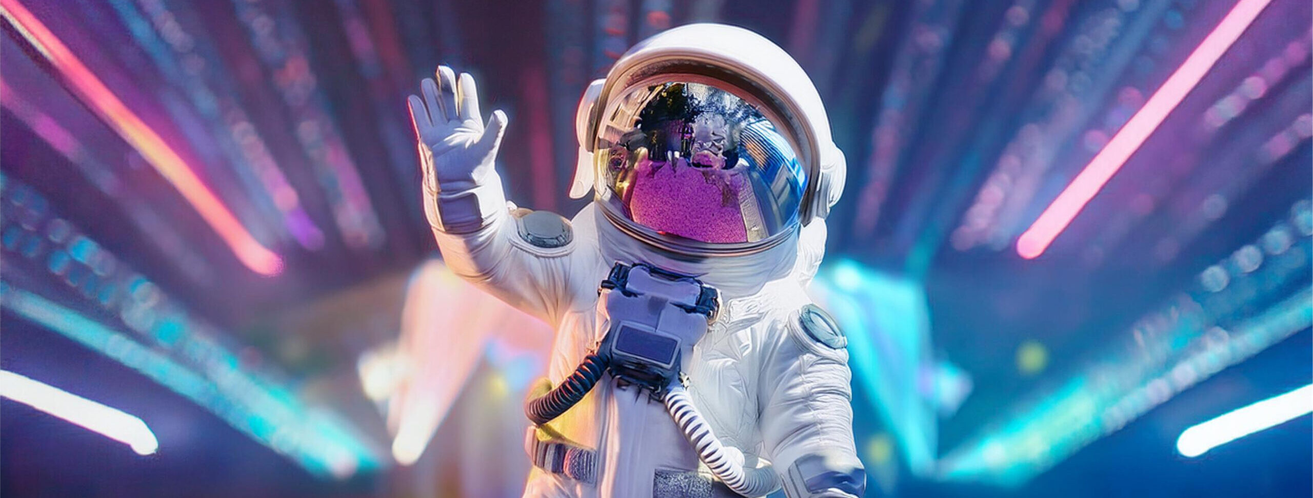 Astronaut in full-body spacesuit waving, with a disco ambiance backdrop